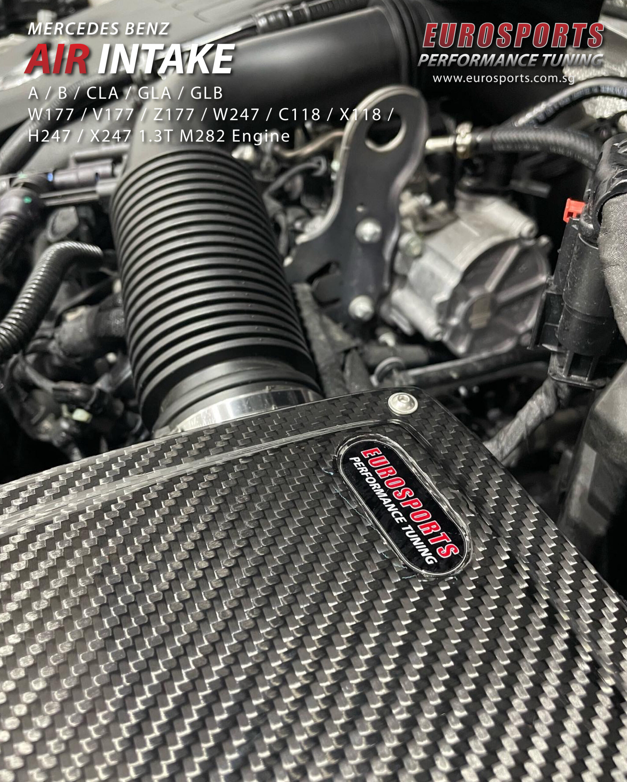 Mercedes_Benz_A180_A200_B180_B200_CLA180_CLA200_GLA180_GLA200_GLB180_GLB200_W177_V177_Z177_W247_C118_X118_H247_X247_Carbon_Fiber_Air_Intake_System_Upgrade_Eurosports_Singapore